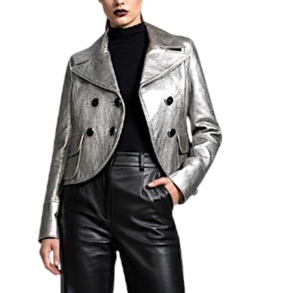 Andy The Ahn designer metallic silver Italian leather cropped trench coat 0 - Picture 1 of 17